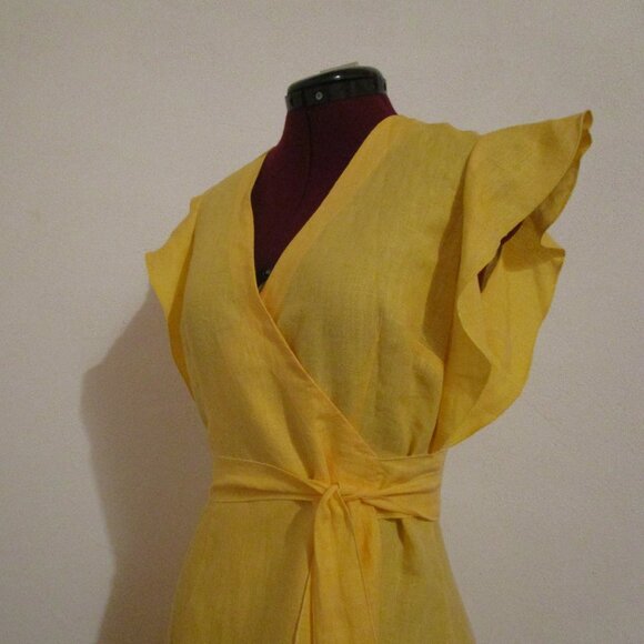 Custom Made Yellow Linen Wrap Dress w/ Butterfly Sleeves